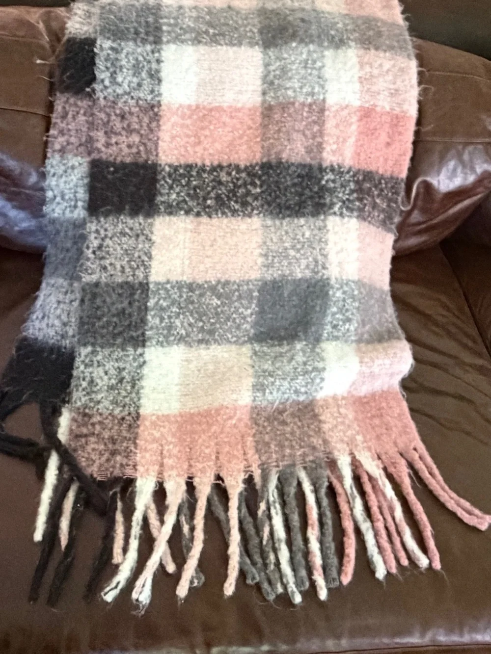 BURBERRY PINK WHITE GRAY CHECK PLAID OVERSIZED CASHMERE SCARF